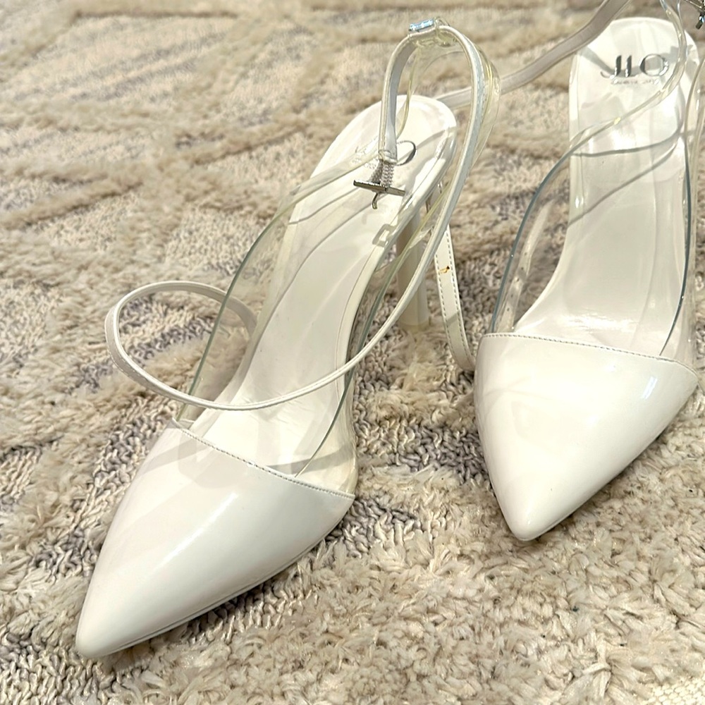 Jlo white patent with clear sides ankle strap heels